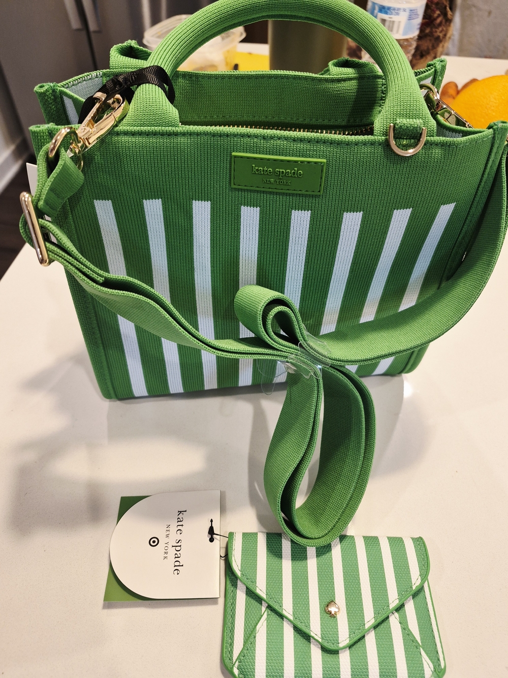 kate spade Green Striped Canvas Tote with Card Case